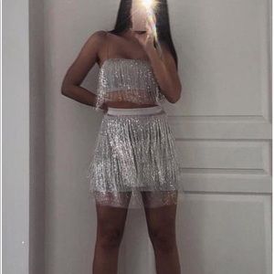 Two piece silver fringe Meshki set.